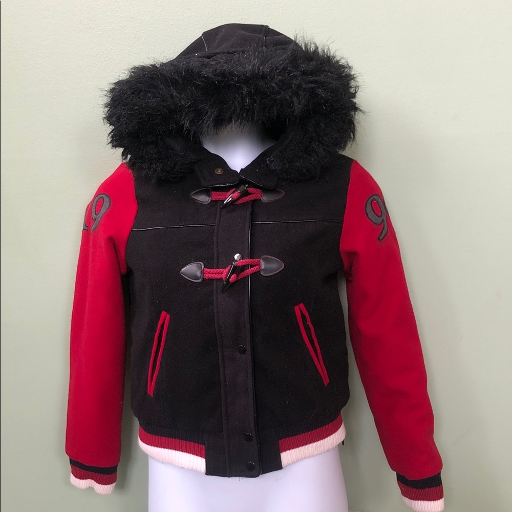 Baby Phat Black and Red Removable Hooded Jacket with Fur Trim Size M